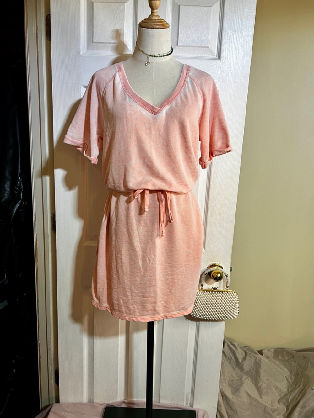 Another‎ Love Wms Coral Tie Waist Cotton Knit V Neck Casual Athleisure Dress M